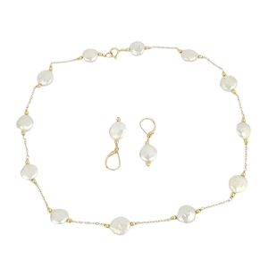 14K Yellow Gold Coin Freshwater Pearl Necklace and Earrings